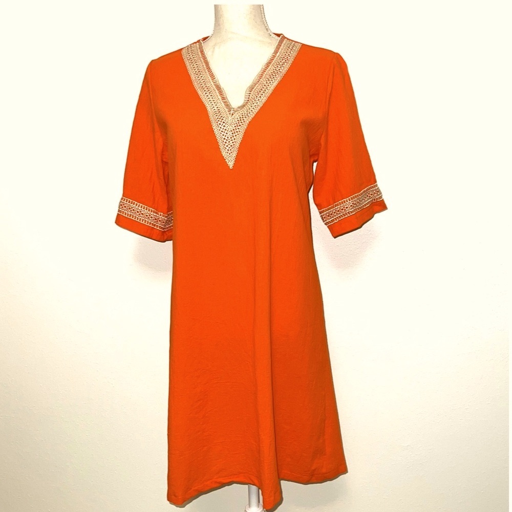 Final Sale! Orange Crinkle Cotton Dress with Lace Trim - Picture 2 of 8